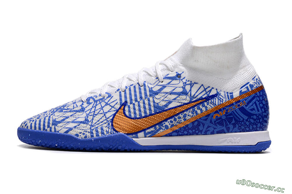 Men's Nike Air Zoom Mercurial Superfly 9 Elite IC Indoor & Futsal High-Tops Football Shoes - White/Blue/Gold 0