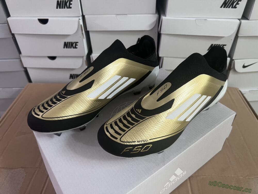 Men's Adidas F50 Adizero Messi Laceless FG Firm Ground Low-Tops Football Boots - Gold/White/Black