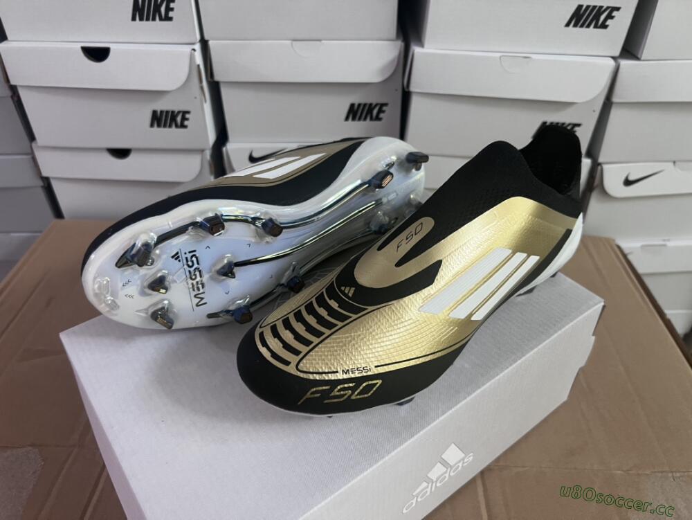 Men's Adidas F50 Adizero Messi Laceless FG Firm Ground Low-Tops Football Boots - Gold/White/Black