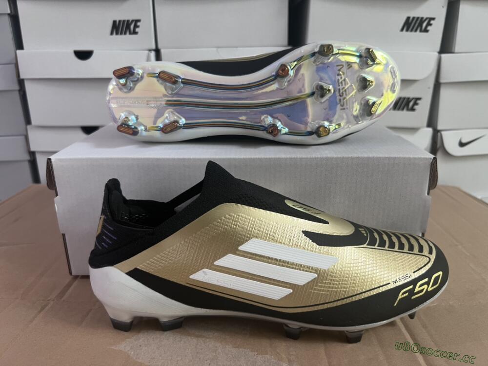 Men's Adidas F50 Adizero Messi Laceless FG Firm Ground Low-Tops Football Boots - Gold/White/Black