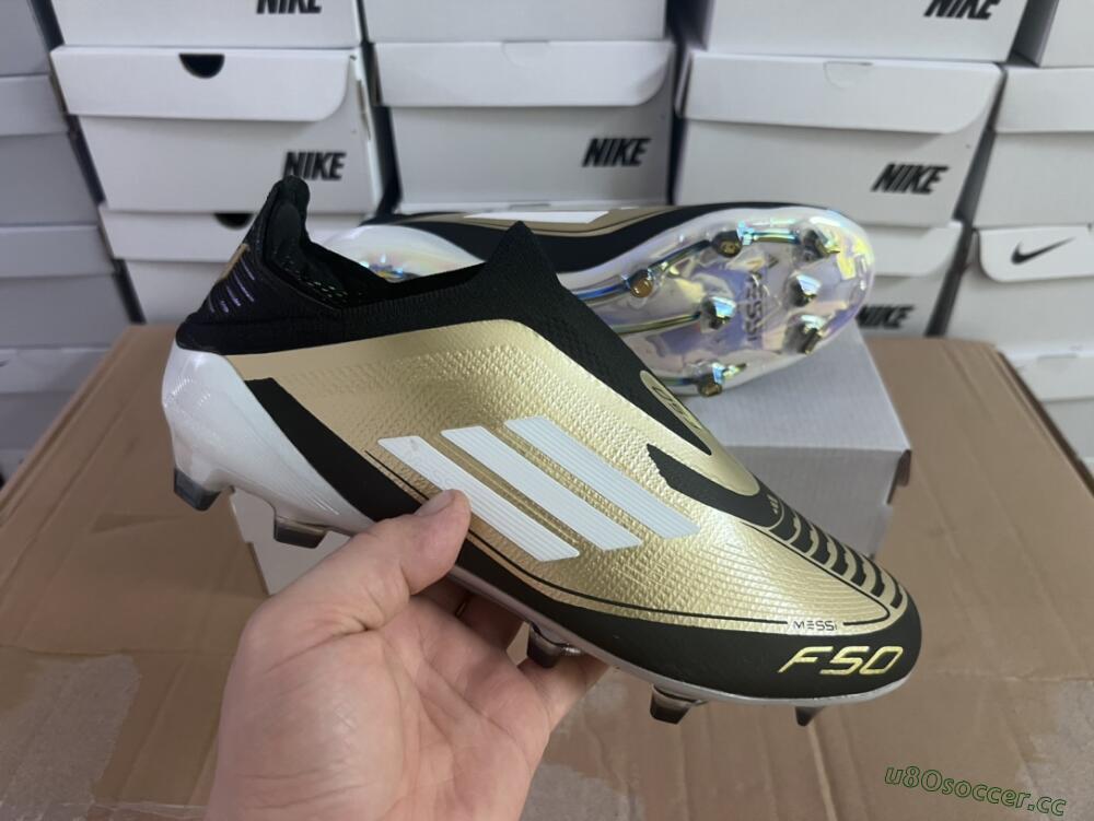 Men's Adidas F50 Adizero Messi Laceless FG Firm Ground Low-Tops Football Boots - Gold/White/Black