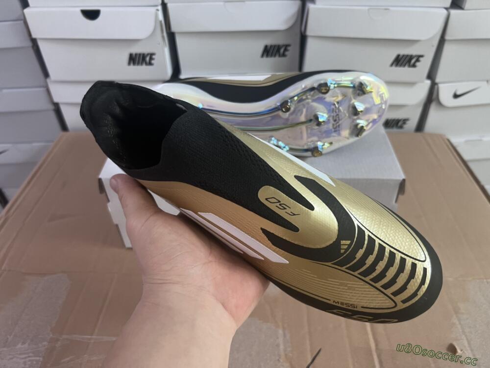 Men's Adidas F50 Adizero Messi Laceless FG Firm Ground Low-Tops Football Boots - Gold/White/Black