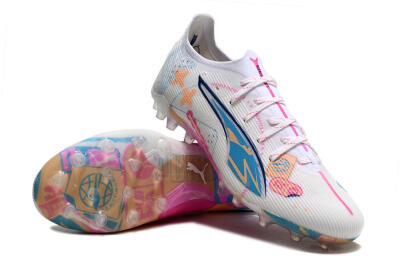 Men's Puma Ultra 5 Ultimate MG Multi Ground Low-Tops Football Boots - White/Blue/Pink