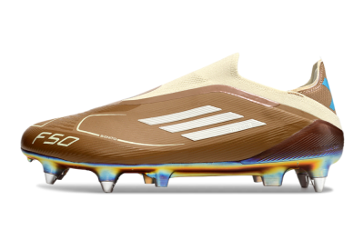 Men's Messi x Adidas F50 Elite Laceless Benito SG Soft Ground Low-Tops Football Boots - Brown/White/Blue