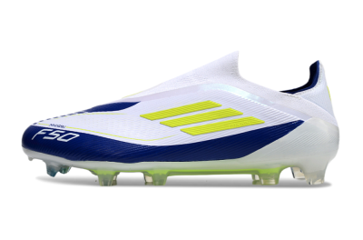 Men's Messi x Adidas F50 Elite Laceless FG Firm Ground Low-Tops Football Boots - White/Blue/Yellow