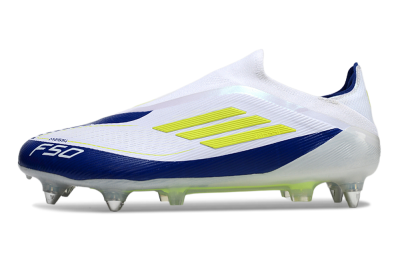 Men's Adidas F50 Elite Laceless SG Soft Ground Low-Tops Football Boots - White/Blue/Yellow
