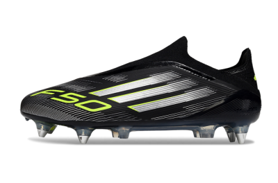 Men's Adidas F50 Elite Laceless SG Soft Ground Low-Tops Football Boots - Black/Silver/Yellow