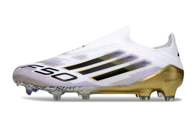 Men's Adidas F50 Elite Laceless FG Firm Ground Low-Tops Football Boots - White/Black/Purple/Gold