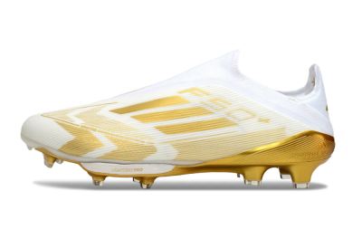 Men's Adidas F50+ Elite Lightstrike Pro Laceless FG Firm Ground Low-Tops Football Boots - White/Gold