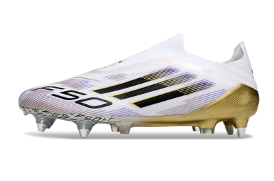 Men's Adidas F50 Elite Laceless SG Soft Ground Low-Tops Football Boots - White/Purple/Gold