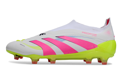 Unisex Adidas Predator Laceless Elite 25 FG Firm Ground Low-Tops Football Boots - White/Pink/Yellow