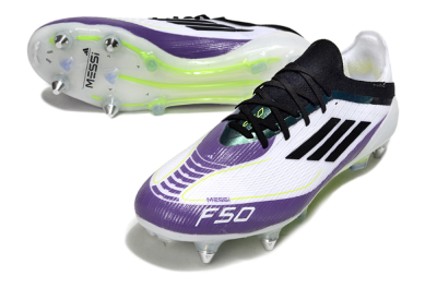 Men's Messi x Adidas F50 Elite SG Soft Ground Low-Tops Football Boots - White/Purple/Black