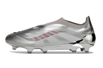 Men's Adidas Predator 25 Elite Laceless FG Firm Ground Low-Tops Football Boots - Silver/Black/Red