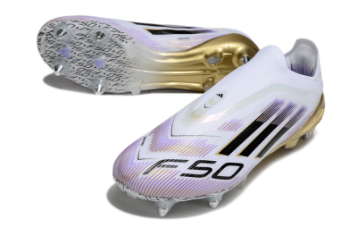 Men's Adidas F50 Elite Laceless SG Soft Ground Low-Tops Football Boots - White/Purple/Gold