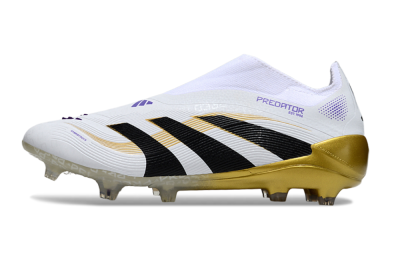 Unisex Adidas Predator 25 Elite Laceless FG Firm Ground Low-Tops Football Boots - White/Black/Gold
