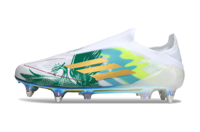 Men's Adidas F50 Elite Laceless SG Soft Ground Low-Tops Football Boots - White/Green/Gold