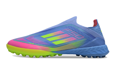 Unisex Adidas F50 Pro Laceless TF Artificial Turf Low-Tops Football Shoes - Blue/Neon Green/Fluorescent Pink