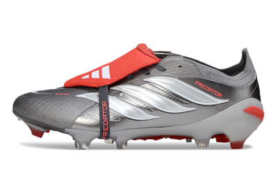 Men's Adidas Predator 26 Elite Fold-Over Tongue FG Firm Ground Low-Tops Football Boots - Gray/Bright Red/Metallic Silver