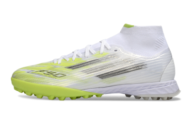 Men's Adidas F50 Pro Mid TF Artificial Turf High-Tops Football Shoes - White/Electric Lime/Neon Yellow
