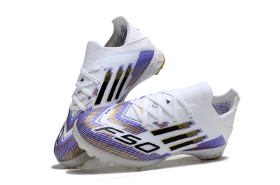 Kids Adidas F50 Elite TF Artificial Turf Low-Tops Football Shoes - White/Purple Dream/Gold Rush