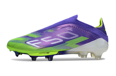 Unisex Adidas F50+ Elite Lightstrike Pro Laceless FG Firm Ground Low-Tops Football Boots - Violet/Lime Burst/Deep Purple