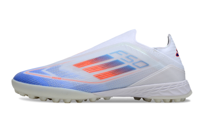 Unisex Adidas F50 Elite Laceless TF Artificial Turf Low-Tops Football Shoes - White/Sky Blue/Coral Red