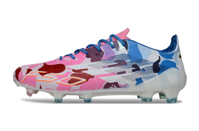 Unisex Adidas F50 Elite FG Firm Ground Low-Tops Football Boots - White/Bubblegum Pink/Denim Blue