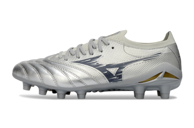 Men's Mizuno Morelia Neo 4 FG Firm Ground Low-Tops Football Boots - Silver/Metallic Silver/Yellow Accent