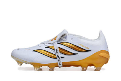 Men's Adidas Predator 26 Elite Fold-Over Tongue FG Firm Ground Low-Tops Football Boots - White/Gold Blaze/Black Accent