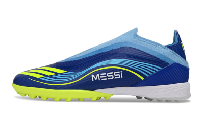 Unisex Messi x Adidas F50 Elite Laceless TF Artificial Turf Low-Tops Football Shoes - Blue/Luminous Yellow/Soft Sky