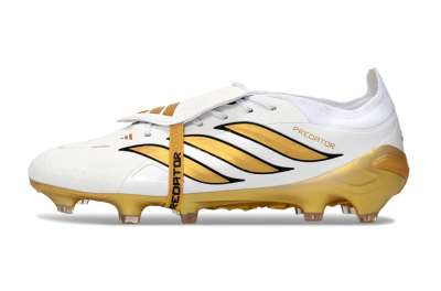 Men's Adidas Predator 26 Elite Fold-Over Tongue FG Firm Ground Low-Tops Football Boots - White/Golden Highlights/Black Accents