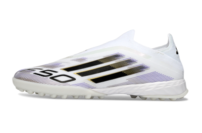 Men's Adidas F50 Pro Laceless TF Artificial Turf Low-Tops Football Shoes - White/Black/Gold