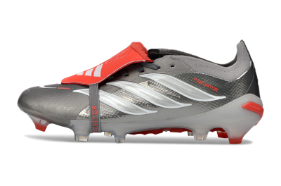 Unisex Adidas Predator 26 Elite Fold-Over Tongue FG Firm Ground Low-Tops Football Boots - Gray/Vibrant Red/Steel Gray