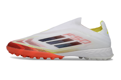 Men's Adidas F50 Pro Laceless TF Artificial Turf Low-Tops Football Shoes - White/Vibrant Orange/Sunny Yellow