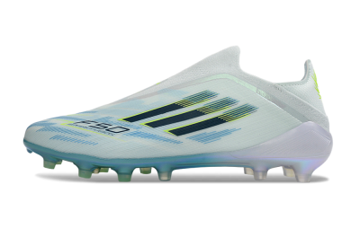 Men's Adidas F50 Elite Laceless FG Firm Ground Low-Tops Football Boots - White/Iridescent Blue/Iridescent Yellow