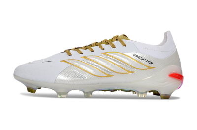 Unisex Adidas Predator 26 Elite FG Firm Ground Low-Tops Football Boots - White/Metallic Gold/Iridescent Neon