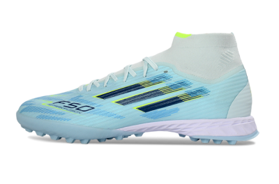Men's Adidas F50 Elite Mid TF Artificial Turf High-Tops Football Shoes - Blue/Light Blue/Neon Yellow