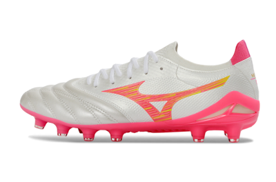 Men's Mizuno Morelia Neo 4 FG Firm Ground Low-Tops Football Boots - White/Neon Pink/Sunny Yellow