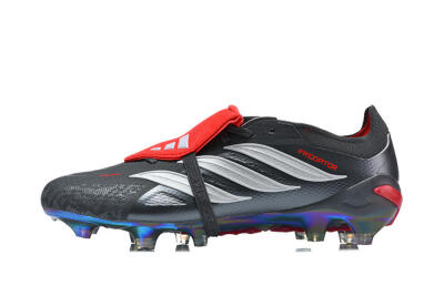 Men's Adidas Predator 26 Elite Fold-Over Tongue FG Firm Ground Low-Tops Football Boots - Black/Crimson Red/Metallic Silver