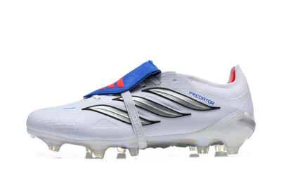 Men's Adidas Predator 26 Elite Fold-Over Tongue FG Firm Ground Low-Tops Football Boots - White/Electric Blue/Silver