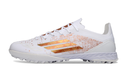 Unisex Adidas F50 Pro TF Artificial Turf Low-Tops Football Shoes - White/Metallic Gold/Blazing Orange