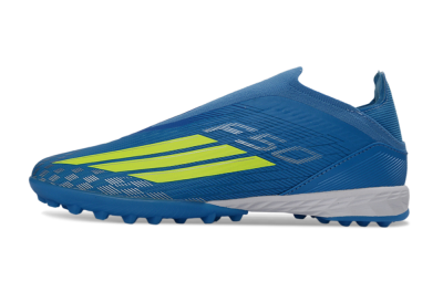 Unisex Adidas F50 Elite Laceless TF Artificial Turf Low-Tops Football Shoes - Blue/Luminous Green/White