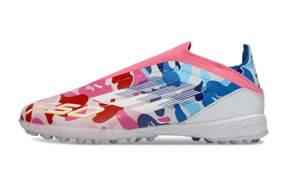 Unisex Adidas F50 Elite Laceless TF Artificial Turf Low-Tops Football Shoes - Pink/Coral Blue/Soft White