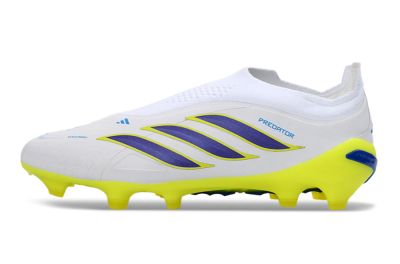 Men's Adidas Predator 26 Elite Laceless FG Firm Ground Low-Tops Football Boots - White/Electric Yellow/Deep Purple