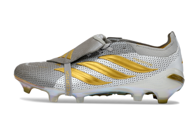 Men's Adidas Predator 26 Elite Fold-Over Tongue FG Firm Ground Low-Tops Football Boots - Grey/Metallic Gold/White