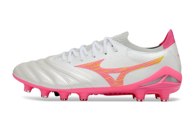 Men's Mizuno Morelia Neo 4 Bate FG Firm Ground Low-Tops Football Boots - White/Neon Pink/Metallic Silver