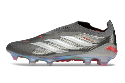 Unisex Adidas Predator 26 Elite Laceless FG Firm Ground Low-Tops Football Boots - Gray/Electric Red/Shimmer White