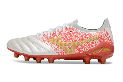 Men's Mizuno Morelia Neo 4 Bate FG Firm Ground Low-Tops Football Boots - White/Coral Rose/Gold Shimmer