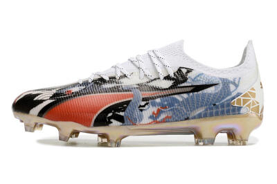 Men's Puma Ultra Ultimate FG Firm Ground Low-Tops Football Boots - White/Black/Red/Blue