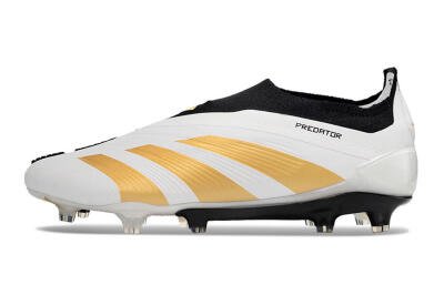 Men's Adidas Predator 24 Elite Laceless FG Firm Ground Low-Tops Football Boots - White/Gold/Black